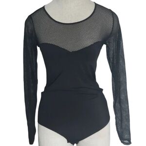 SECRET POSSESSIONS black bodysuit MESH top snap crotch mild stretch ACADEMIA  M